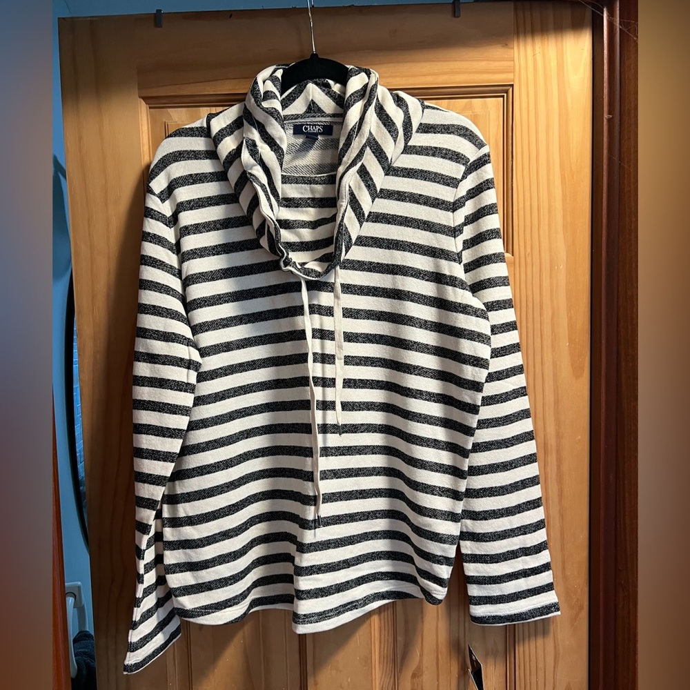 Chaps Women's Black and White Striped Cowl Neck Sweater